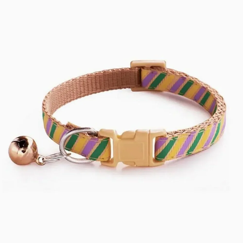 Marlee Candy Stripe Khaki Green Purple Bell Cat Collar with Toys Gift Packaged